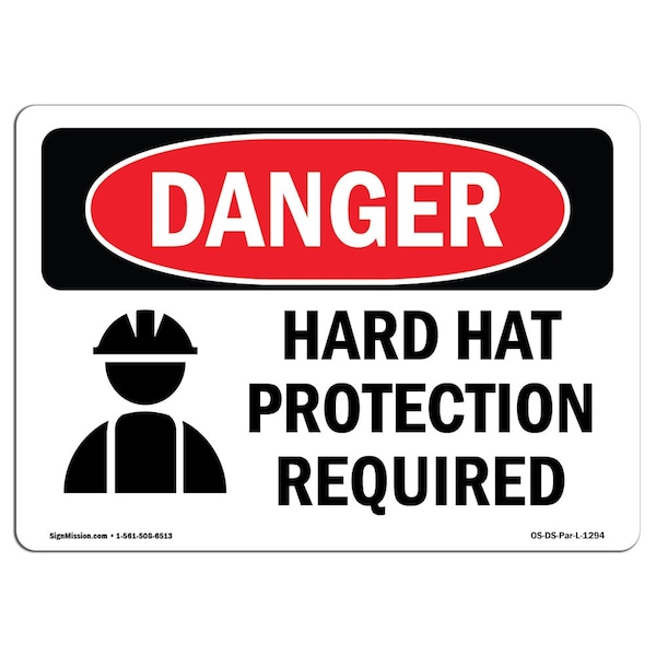 OSHA Sign, Hard Hat Protection Required, 5in X 3.5in Decal, 10PK, 5" W, 3.5" H, Landscap, PK10